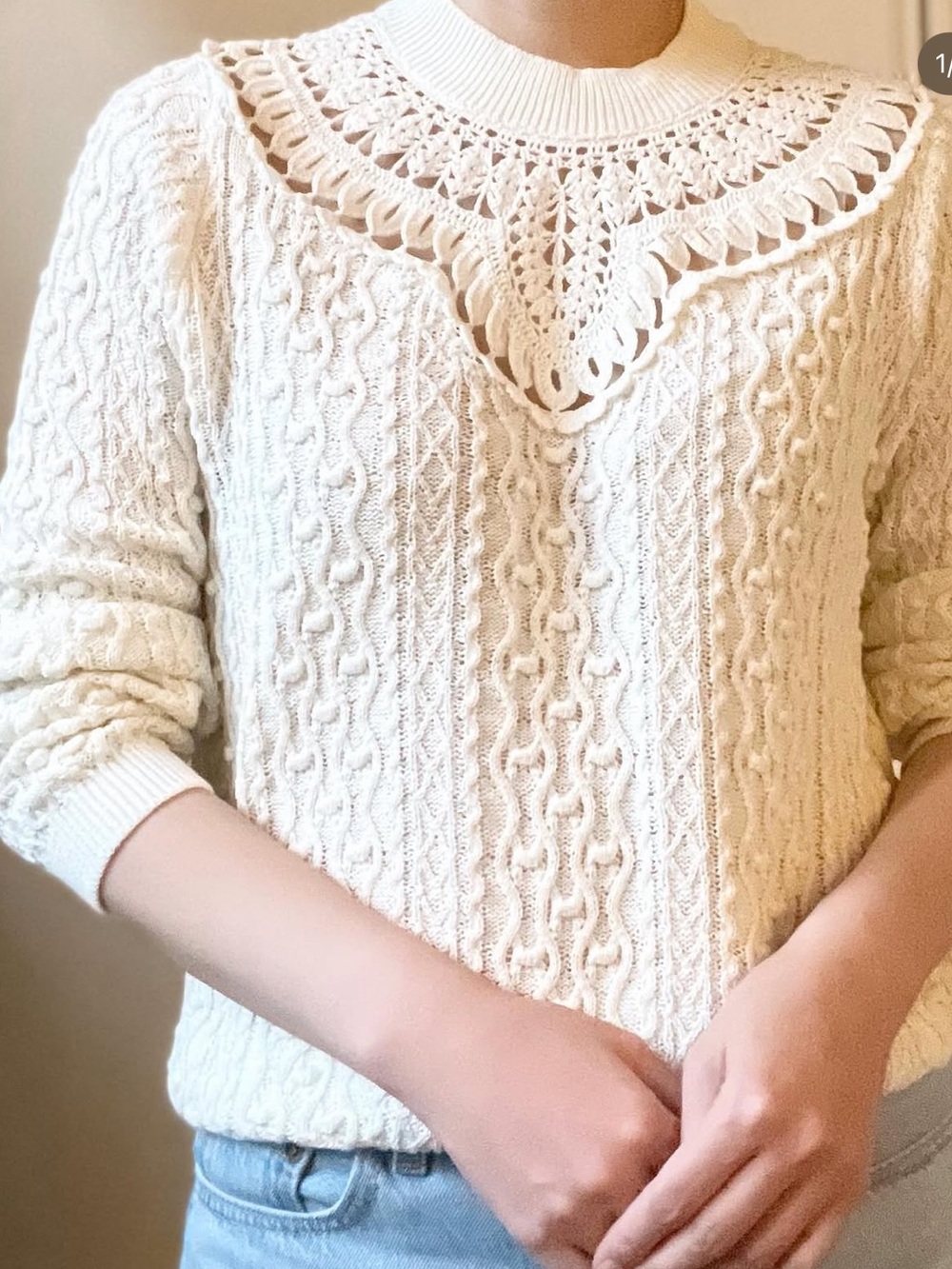 Sezane small Cream Cable Knit Women’s Sweater with Lace Yoke